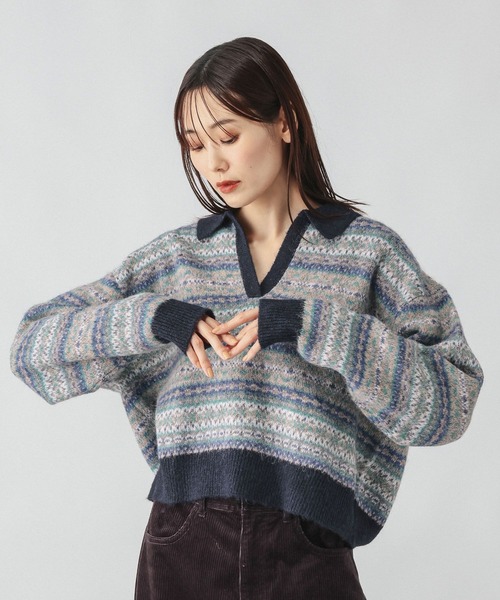 GLOBAL WORK(グローバルワーク)の「フェアアイル柄スキッパー/759306(ニット/セーター・レディース・オレンジ/ブルー・MEDIUM/LARGE)」の6枚目の写真