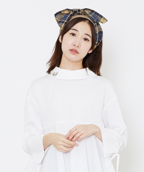 POU DOU DOU（プードゥドゥ）の「チェック×リネンヘアターバン（ヘアバンド・レディース・ベージュ/イエロー・8）」の4枚目の写真