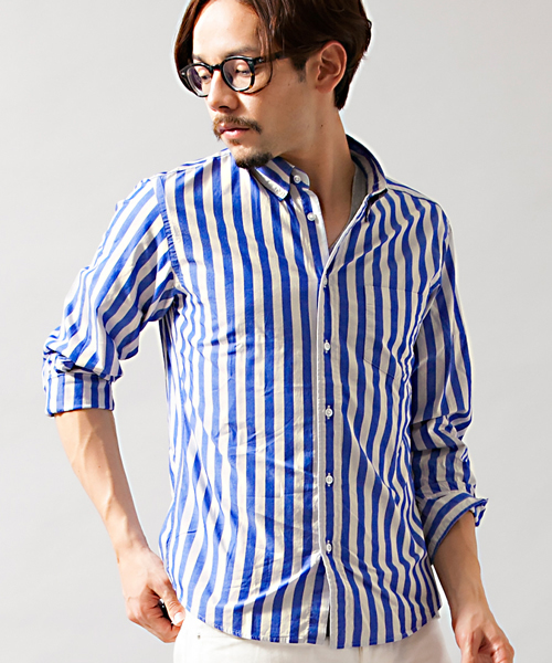 BEAUTY&YOUTH UNITED ARROWS（ビューティーアンドユースユナイテッドアローズ）の「by ∴ ワイド ロンドンストライプ ボタンダウンシャツ◆§5　（シャツ/ブラウス・メンズ・ネイビー/レッド/ライトグレー・SMALL/MEDIUM/LARGE/X-LARGE）」の9枚目の写真