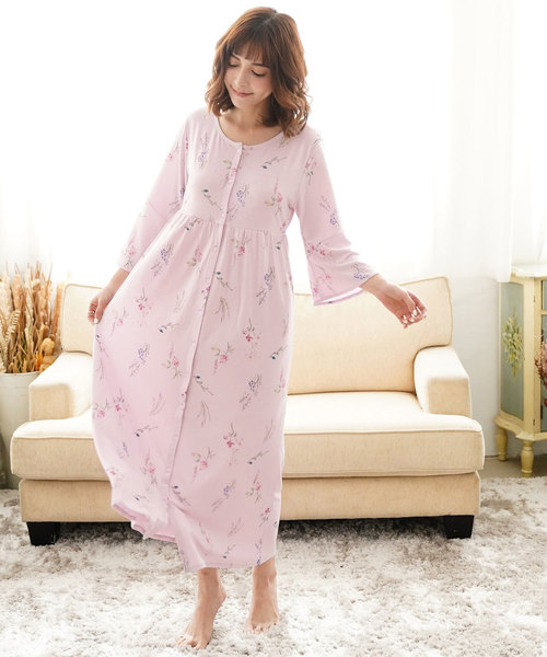 ギフト Bloomingflora柔らかfloralフレアスリーブ前開きマキシワンピース ルームウェア パジャマ Blooming Flora ブルーミングフローラ のファッション Flora ブルーミングフローラ のルームウェア パジャマ Bloomingflora柔らかfloralフレアスリーブ前開き