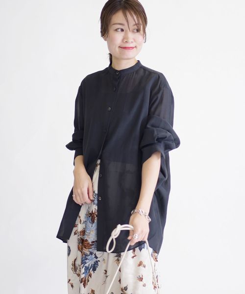 17S JILSANDER ステッチ バンドカラーシアーシャツ 黒 38(M)
