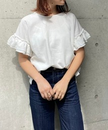 ワッフル地袖フリルTシャツ