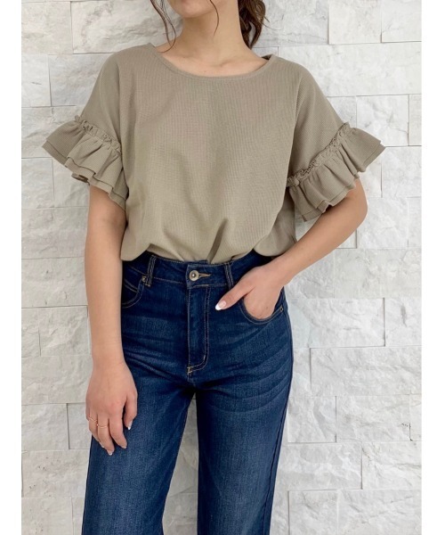 DAIS-Y(デイジー)の「ワッフル地袖フリルTシャツ(Tシャツ/カットソー・レディース・ホワイト/ブラック/ベージュ/モカ・FREE)」の19枚目の写真