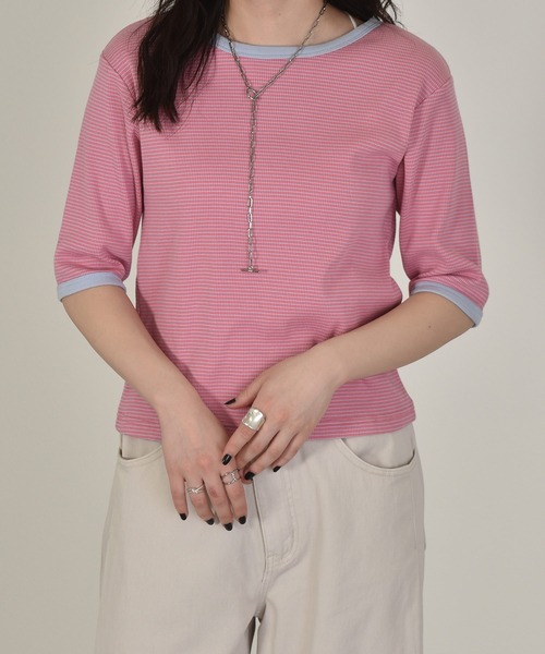 w closet(ダブルクローゼット)の「テレコボーダークルー5分袖カーディガン(カーディガン/ボレロ・レディース・ホワイト×ブラック/ピンク系その他/サックスブルー/ブラウン/ライトパープル・FREE)」の1枚目の写真