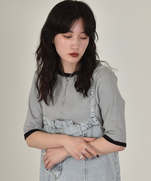 w closet(ダブルクローゼット)の「テレコボーダークルー5分袖カーディガン(カーディガン/ボレロ・レディース・ホワイト×ブラック/ピンク系その他/サックスブルー/ブラウン/ライトパープル・FREE)」の19枚目の写真