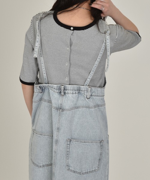 w closet(ダブルクローゼット)の「テレコボーダークルー5分袖カーディガン(カーディガン/ボレロ・レディース・ホワイト×ブラック/ピンク系その他/サックスブルー/ブラウン/ライトパープル・FREE)」の6枚目の写真