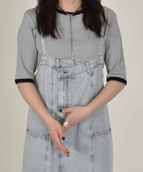 w closet(ダブルクローゼット)の「テレコボーダークルー5分袖カーディガン(カーディガン/ボレロ・レディース・ホワイト×ブラック/ピンク系その他/サックスブルー/ブラウン/ライトパープル・FREE)」の11枚目の写真