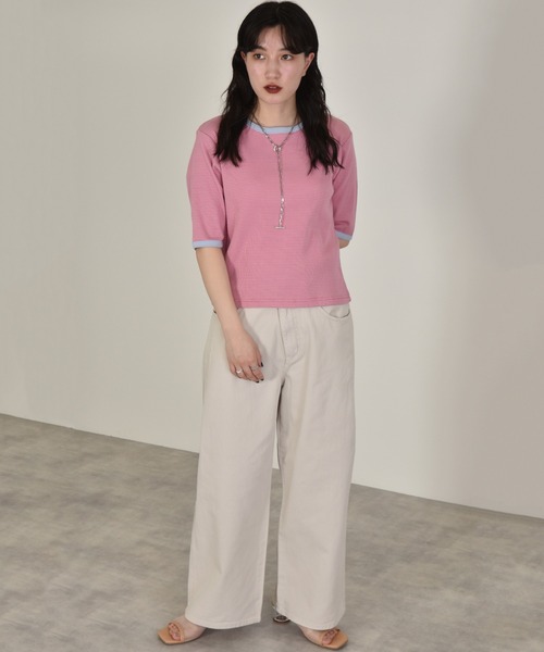 w closet(ダブルクローゼット)の「テレコボーダークルー5分袖カーディガン(カーディガン/ボレロ・レディース・ホワイト×ブラック/ピンク系その他/サックスブルー/ブラウン/ライトパープル・FREE)」の20枚目の写真