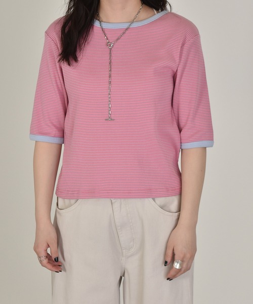 w closet(ダブルクローゼット)の「テレコボーダークルー5分袖カーディガン(カーディガン/ボレロ・レディース・ホワイト×ブラック/ピンク系その他/サックスブルー/ブラウン/ライトパープル・FREE)」の7枚目の写真