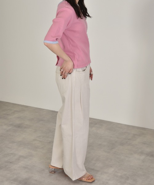 w closet(ダブルクローゼット)の「テレコボーダークルー5分袖カーディガン(カーディガン/ボレロ・レディース・ホワイト×ブラック/ピンク系その他/サックスブルー/ブラウン/ライトパープル・FREE)」の12枚目の写真