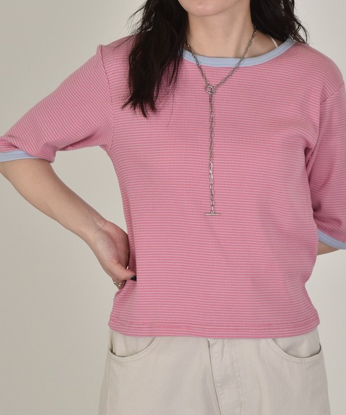 w closet(ダブルクローゼット)の「テレコボーダークルー5分袖カーディガン(カーディガン/ボレロ・レディース・ホワイト×ブラック/ピンク系その他/サックスブルー/ブラウン/ライトパープル・FREE)」の21枚目の写真