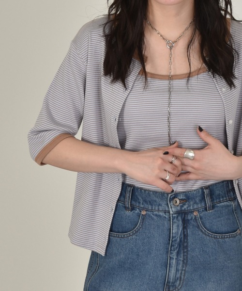 w closet(ダブルクローゼット)の「テレコボーダークルー5分袖カーディガン(カーディガン/ボレロ・レディース・ホワイト×ブラック/ピンク系その他/サックスブルー/ブラウン/ライトパープル・FREE)」の13枚目の写真