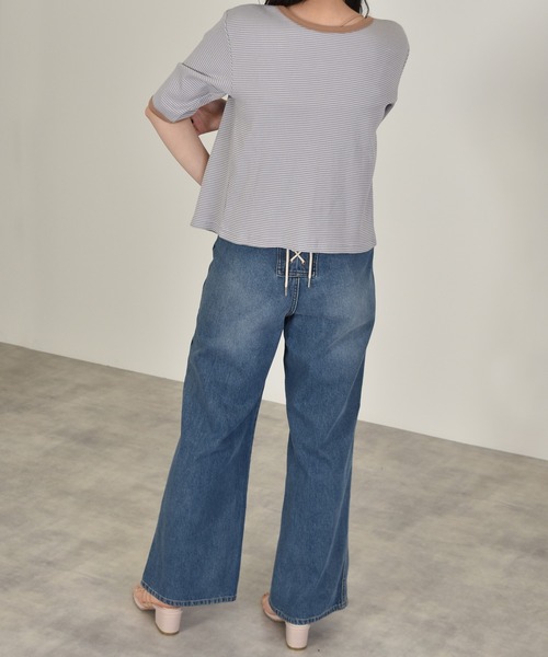 w closet(ダブルクローゼット)の「テレコボーダークルー5分袖カーディガン(カーディガン/ボレロ・レディース・ホワイト×ブラック/ピンク系その他/サックスブルー/ブラウン/ライトパープル・FREE)」の22枚目の写真