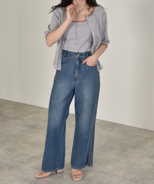 w closet(ダブルクローゼット)の「テレコボーダークルー5分袖カーディガン(カーディガン/ボレロ・レディース・ホワイト×ブラック/ピンク系その他/サックスブルー/ブラウン/ライトパープル・FREE)」の18枚目の写真