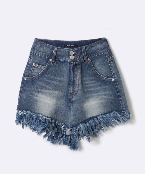 one way(ワンウェイ)の「【oneway Jeans】フリンジハイウエストショートパンツ(デニムパンツ・レディース・ブラック/ライトブルー・S/M)」の1枚目の写真