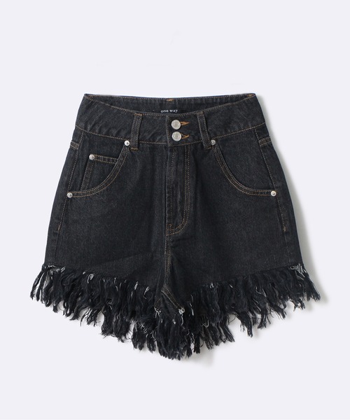 one way(ワンウェイ)の「【oneway Jeans】フリンジハイウエストショートパンツ(デニムパンツ・レディース・ブラック/ライトブルー・S/M)」の2枚目の写真