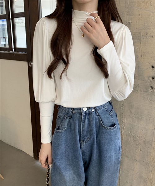me+em select(ミームセレクト)の「【 6色展開 】裏起毛ギャザーパフ袖ロングカフストップス(Tシャツ/カットソー・レディース・ホワイト/ブラック/ブラウン/グレー/モカ/キャメル・FREE)」の11枚目の写真