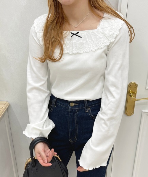 apres jour（アプレジュール）の「フリルレーストップス【ZOZOTOWN限定アイテム】（Tシャツ/カットソー・レディース・ブラック/ピンク系その他/ブラック系その他/オフホワイト・X-LARGE/フリー）」の6枚目の写真