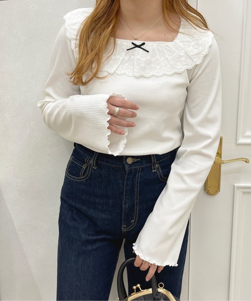 apres jour（アプレジュール）の「フリルレーストップス【ZOZOTOWN限定アイテム】（Tシャツ/カットソー・レディース・ブラック/ピンク系その他/ブラック系その他/オフホワイト・X-LARGE/フリー）」の10枚目の写真