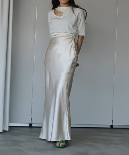 ENOF アイボリー サテン ロングスカート M ファッション通販 ファッション ENOF アイボリー サテン ロング