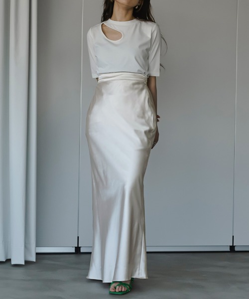 Ezick（エジック）の「Gloss I サテンロングスカート（スカート・レディース・ブラック/アイボリー/ゴールド/オフホワイト/パープル/ダークグレー・FREE）」の7枚目の写真