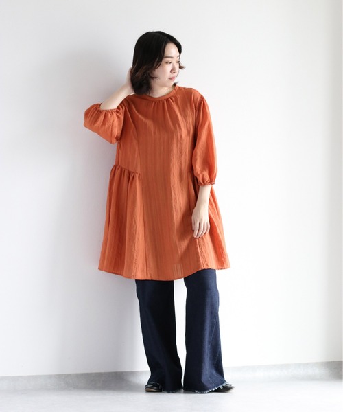 cepo(セポ)の「スリットネック ストライプミニワンピース 2WAY(チュニック・レディース・オフホワイト/オレンジ・M)」の1枚目の写真