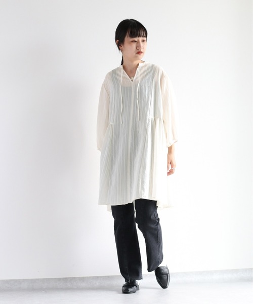 cepo(セポ)の「スリットネック ストライプミニワンピース 2WAY(チュニック・レディース・オフホワイト/オレンジ・M)」の8枚目の写真