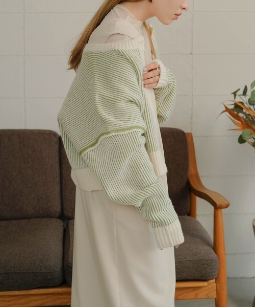 Bab（バブ）の「前後2WAYストライプショートカーディガン（カーディガン/ボレロ・レディース・ブラック/レッド/グリーン/グレイッシュベージュ・FREE）」の7枚目の写真