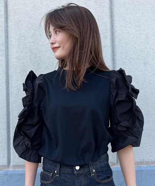 nina mew（ニーナミュウ）の「フリルスリーブT（Tシャツ/カットソー・レディース・ピンク/ブラック・FREE）」の2枚目の写真