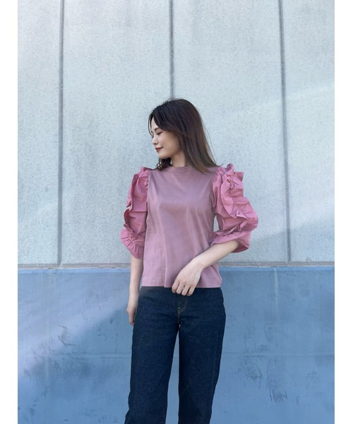 nina mew（ニーナミュウ）の「フリルスリーブT（Tシャツ/カットソー・レディース・ピンク/ブラック・FREE）」の6枚目の写真