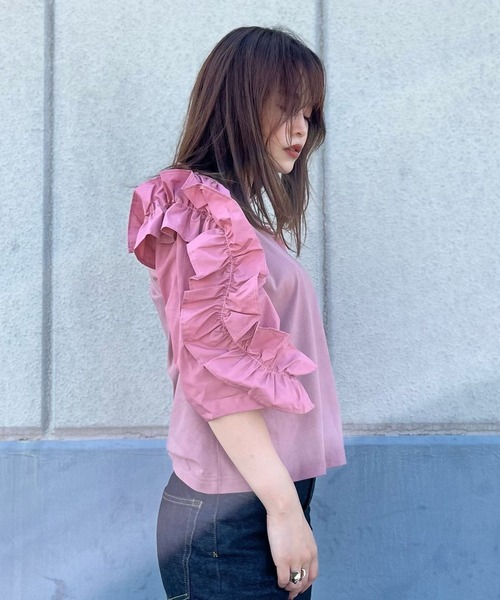 nina mew（ニーナミュウ）の「フリルスリーブT（Tシャツ/カットソー・レディース・ピンク/ブラック・FREE）」の5枚目の写真