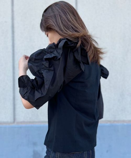 nina mew（ニーナミュウ）の「フリルスリーブT（Tシャツ/カットソー・レディース・ピンク/ブラック・FREE）」の3枚目の写真