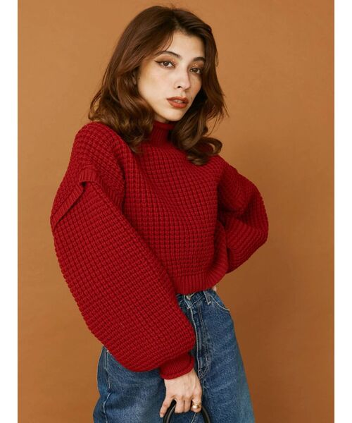 EVRIS（エヴリス）の「ワッフルハイネックニットトップス（ニット/セーター・レディース・ブラック/アイボリー/レッド・FREE）」の5枚目の写真