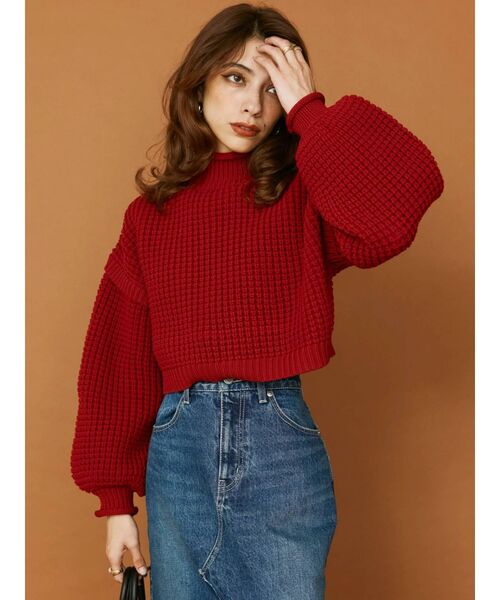 EVRIS（エヴリス）の「ワッフルハイネックニットトップス（ニット/セーター・レディース・ブラック/アイボリー/レッド・FREE）」の6枚目の写真