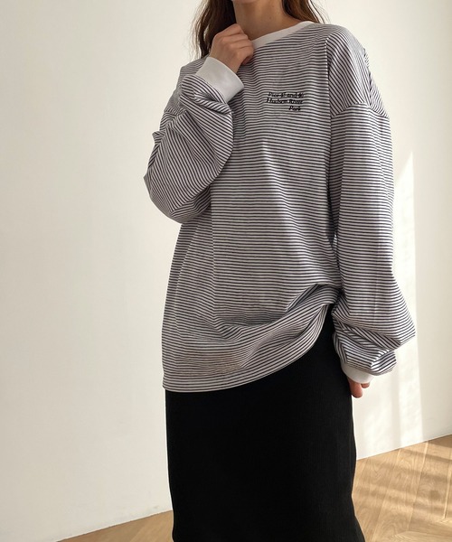 RCW BLUE LABEL(レッドチョップワークスブルーレーベル)の「RCW BLUE LABEL(ブルーレーベル) "Pier 45 and 46 Park"刺繍リンガー細ボーダーロングTシャツ(Tシャツ/カットソー・レディース・ホワイト/グリーン/ブラック・ONE SIZE)」の4枚目の写真