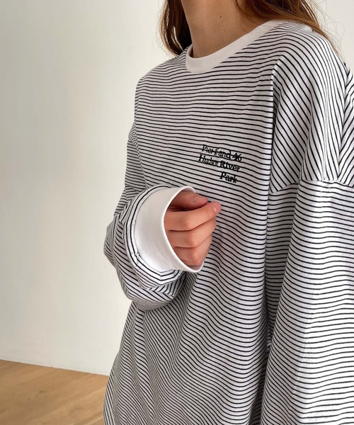 RCW BLUE LABEL(レッドチョップワークスブルーレーベル)の「RCW BLUE LABEL(ブルーレーベル) "Pier 45 and 46 Park"刺繍リンガー細ボーダーロングTシャツ(Tシャツ/カットソー・レディース・ホワイト/グリーン/ブラック・ONE SIZE)」の5枚目の写真