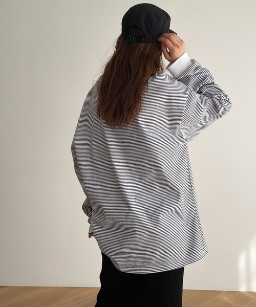 RCW BLUE LABEL(レッドチョップワークスブルーレーベル)の「RCW BLUE LABEL(ブルーレーベル) "Pier 45 and 46 Park"刺繍リンガー細ボーダーロングTシャツ(Tシャツ/カットソー・レディース・ホワイト/グリーン/ブラック・ONE SIZE)」の6枚目の写真