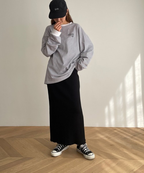 RCW BLUE LABEL(レッドチョップワークスブルーレーベル)の「RCW BLUE LABEL(ブルーレーベル) "Pier 45 and 46 Park"刺繍リンガー細ボーダーロングTシャツ(Tシャツ/カットソー・レディース・ホワイト/グリーン/ブラック・ONE SIZE)」の7枚目の写真