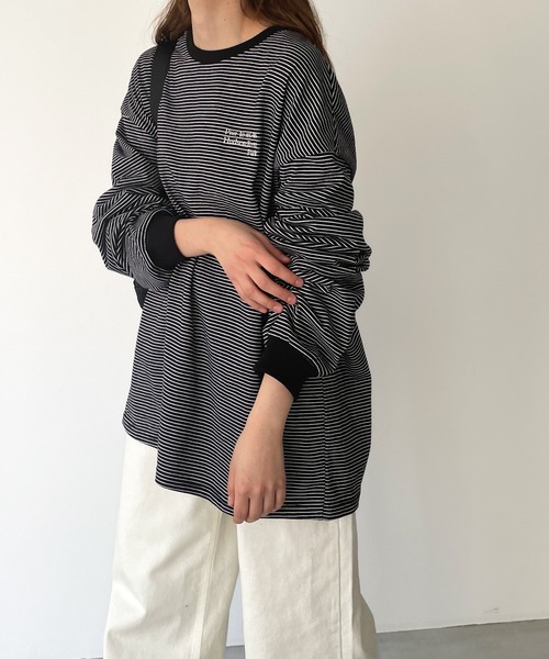 RCW BLUE LABEL(レッドチョップワークスブルーレーベル)の「RCW BLUE LABEL(ブルーレーベル) "Pier 45 and 46 Park"刺繍リンガー細ボーダーロングTシャツ(Tシャツ/カットソー・レディース・ホワイト/グリーン/ブラック・ONE SIZE)」の9枚目の写真