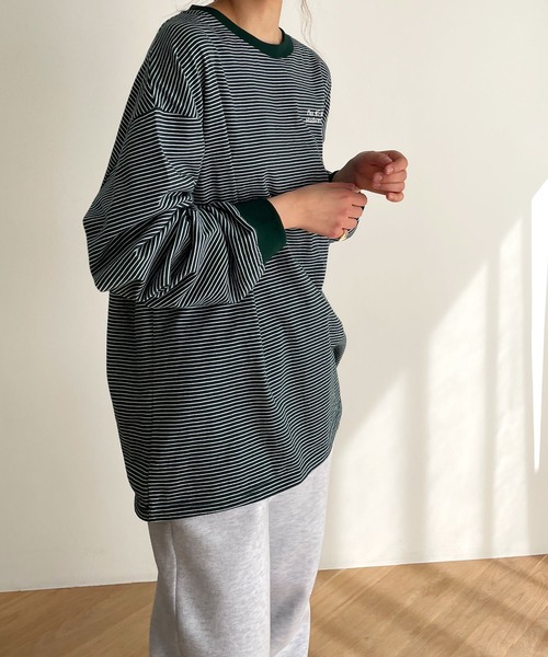 RCW BLUE LABEL(レッドチョップワークスブルーレーベル)の「RCW BLUE LABEL(ブルーレーベル) "Pier 45 and 46 Park"刺繍リンガー細ボーダーロングTシャツ(Tシャツ/カットソー・レディース・ホワイト/グリーン/ブラック・ONE SIZE)」の12枚目の写真