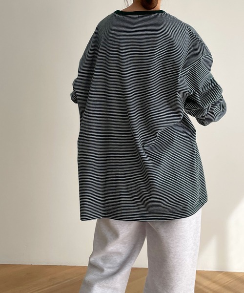 RCW BLUE LABEL(レッドチョップワークスブルーレーベル)の「RCW BLUE LABEL(ブルーレーベル) "Pier 45 and 46 Park"刺繍リンガー細ボーダーロングTシャツ(Tシャツ/カットソー・レディース・ホワイト/グリーン/ブラック・ONE SIZE)」の13枚目の写真