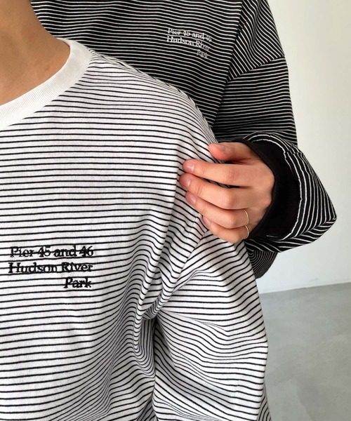 RCW BLUE LABEL(レッドチョップワークスブルーレーベル)の「RCW BLUE LABEL(ブルーレーベル) "Pier 45 and 46 Park"刺繍リンガー細ボーダーロングTシャツ(Tシャツ/カットソー・レディース・ホワイト/グリーン/ブラック・ONE SIZE)」の15枚目の写真