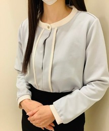 配色バンドカラー 長袖ブラウス