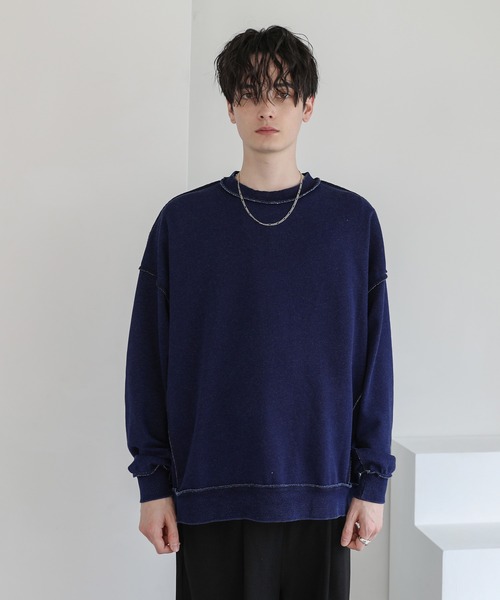 裏毛インディゴ染めアウトステッチトレーナー（スウェット