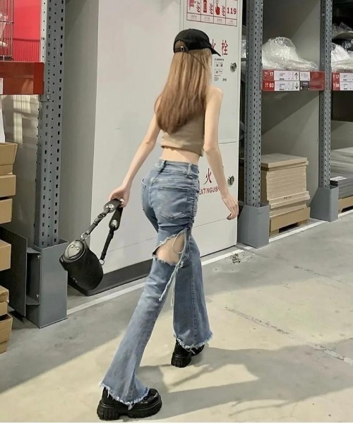 サイドリボンカットアウトフレアデニムパンツ 　ライトブルー　M サイドリボンデニムフレアパンツ 春 夏[品番：SHNW0010782