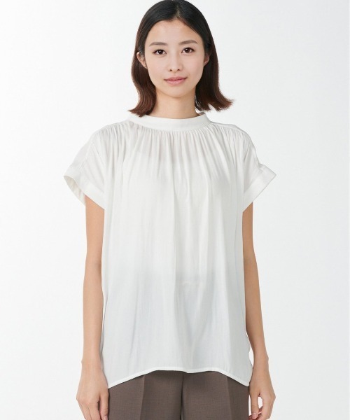 m.f.editorial(エムエフエディトリアル)の「m.f.エディトリアル レディース ハイブリッド プチハイネック半袖プルオーバー(Tシャツ/カットソー・レディース・ホワイト/ブラック/ベージュ/サックスブルー・MEDIUM/LARGE)」の2枚目の写真