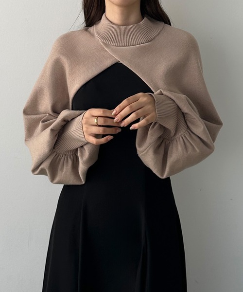 ルネ♡ボレロニット ワンショルダートップス×ショートニットカーディガンセット