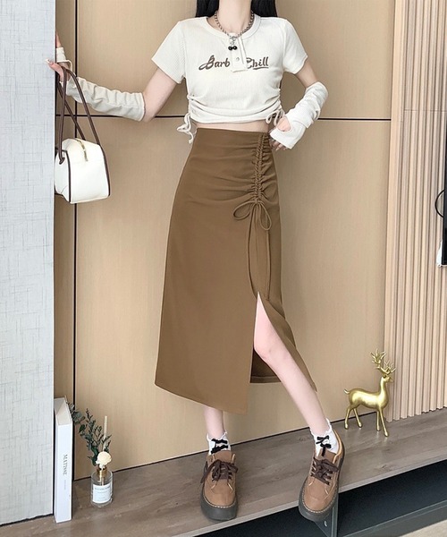 Jasmine Grandiflorum（ジャスミングランディフローラム）の「【Jasmine】ギャザーストリングスAラインスカート（スカート・レディース・ブラック/ベージュ・LARGE/SMALL/MEDIUM）」の7枚目の写真