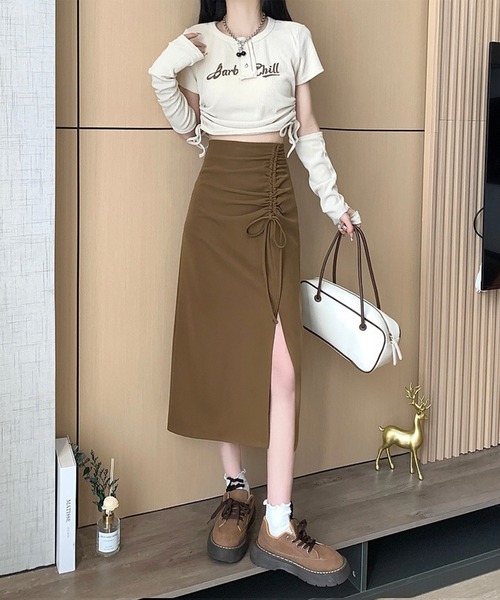 Jasmine Grandiflorum（ジャスミングランディフローラム）の「【Jasmine】ギャザーストリングスAラインスカート（スカート・レディース・ブラック/ベージュ・LARGE/SMALL/MEDIUM）」の10枚目の写真