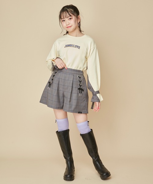 JENNI love（ジェニィラブ）の「【ウエスト調整可能】サイドレースアップチェックショーパン（その他パンツ・キッズ・ブラウン/グレー/グリーン・130cm/160cm/140cm/150cm）」の4枚目の写真